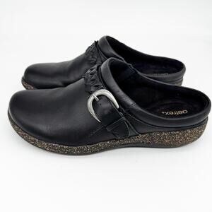 Aetrex Womens Libby Clog Size 7 Black Leather Slip On Comfort Shoes Braid Buckle